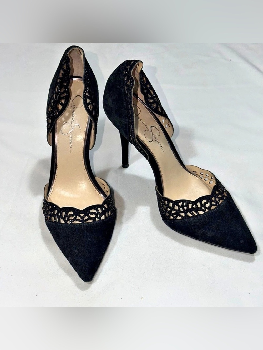 essica Simpson Black Suede Laser Cut D’Orsay Pointed Toe Heels 9.5M